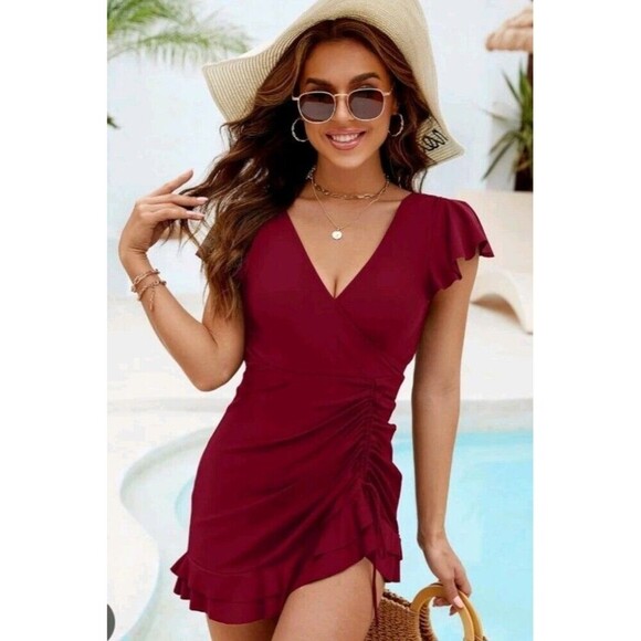 Blooming Jelly Other - Blooming Jelly Swim Dress Sz 3X Burgundy Red Flounce Sleeve V Neck One Piece New